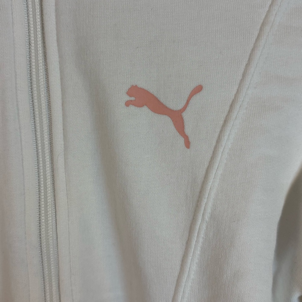 Puma Women’s White Zip-Up Sweatshirt Pink Logo Athletic Jacket, Size Small - Picture 3 of 6